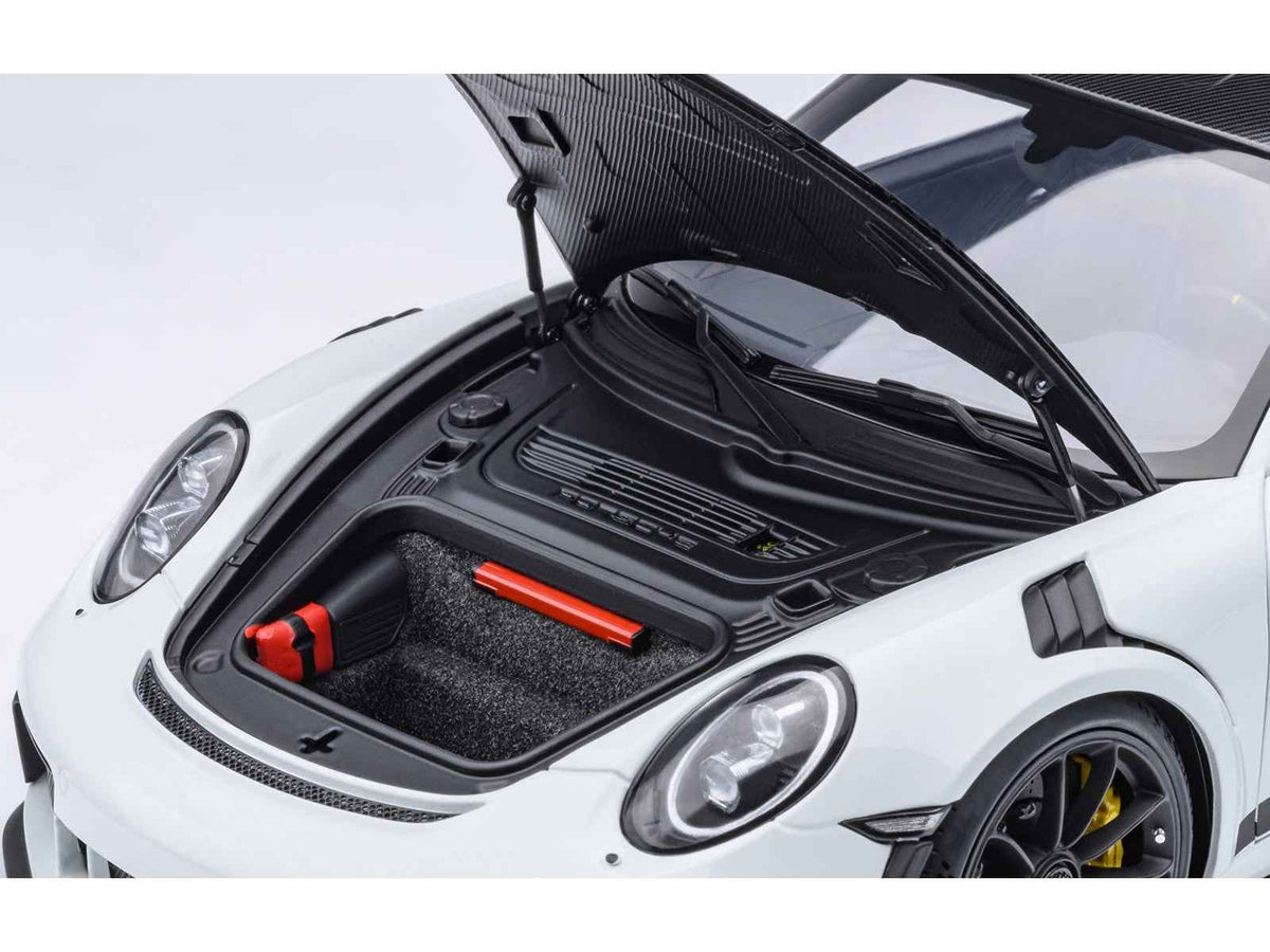 Miniature Motors Porsche 911 (991.2) GT3 RS Weissach Package white 1/18 scale model car with carbon hood by Autoart