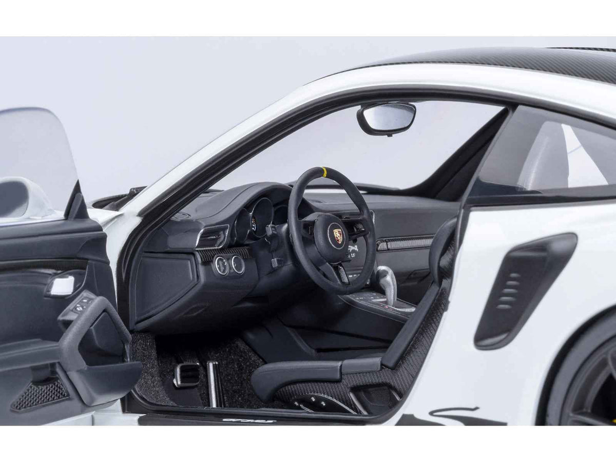 Miniature Porsche 911 (991.2) GT3 RS Weissach Package white model car with carbon hood, detailed 1/18 scale by Autoart.