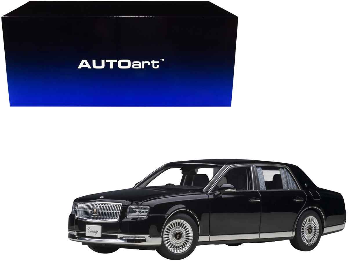 Miniature Toyota Century RHD black model car with curtains, 1/18 scale by Autoart, detailed special edition collectible.