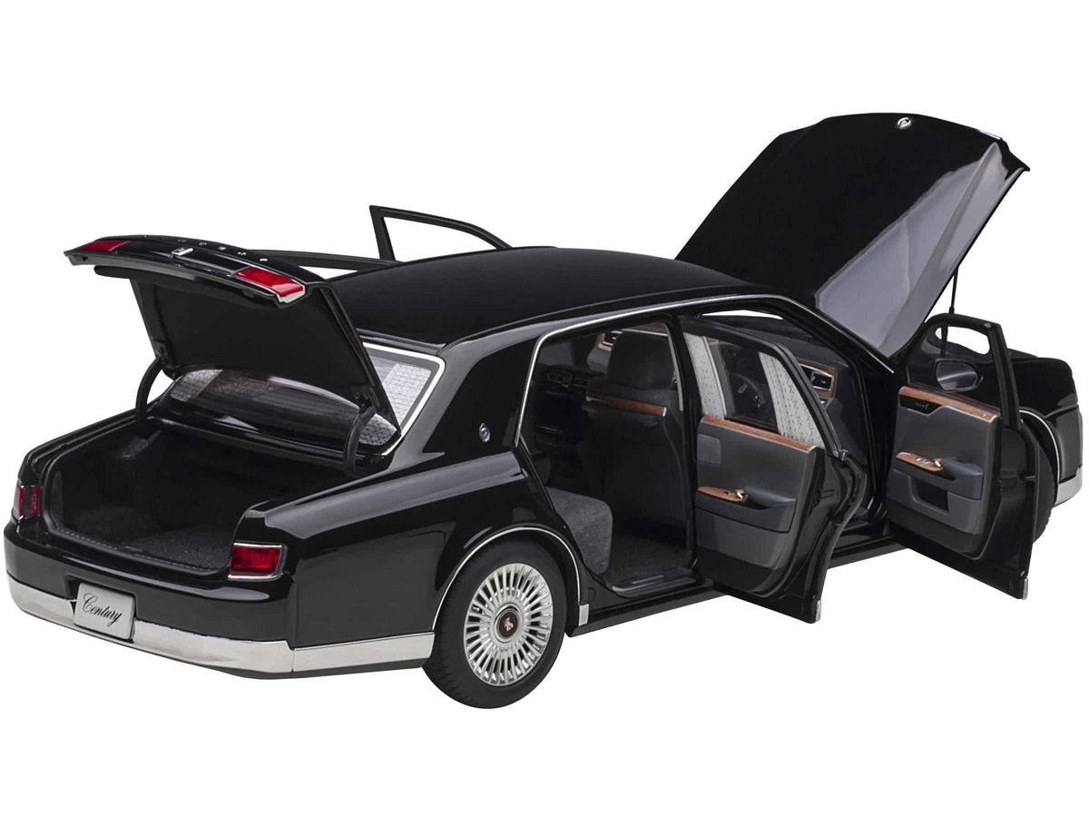 Miniature Toyota Century model car with curtains, RHD black special edition, 1/18 scale by Autoart, detailed collectible vehicle.