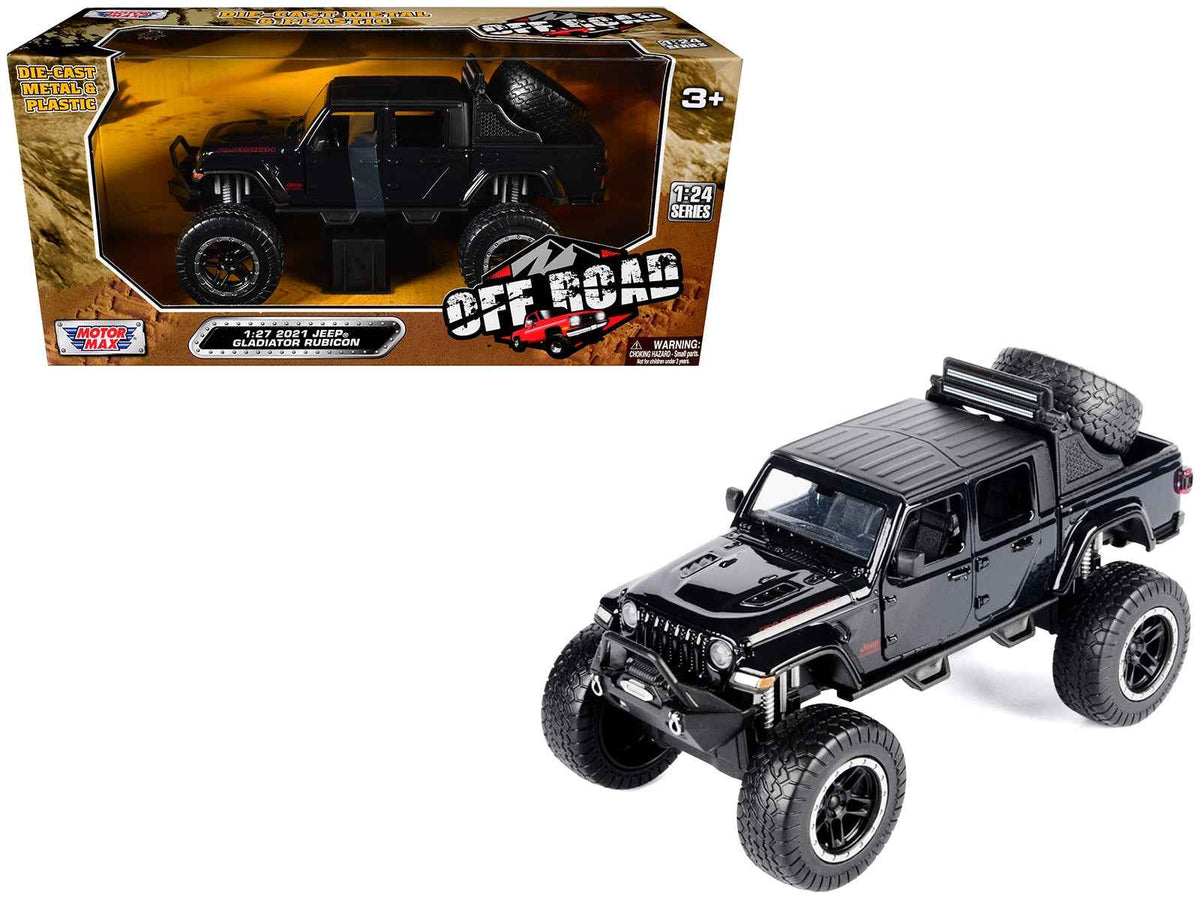 Miniature Motors 2021 Jeep Gladiator Rubicon off-road pickup truck diecast model in black with matte black top, part of Off Road Series.