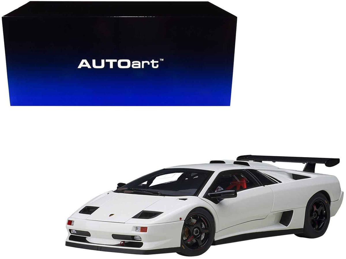 White Lamborghini Diablo SV-R 1/18 scale model car by Autoart, detailed miniature Lamborghini model in impact white color.