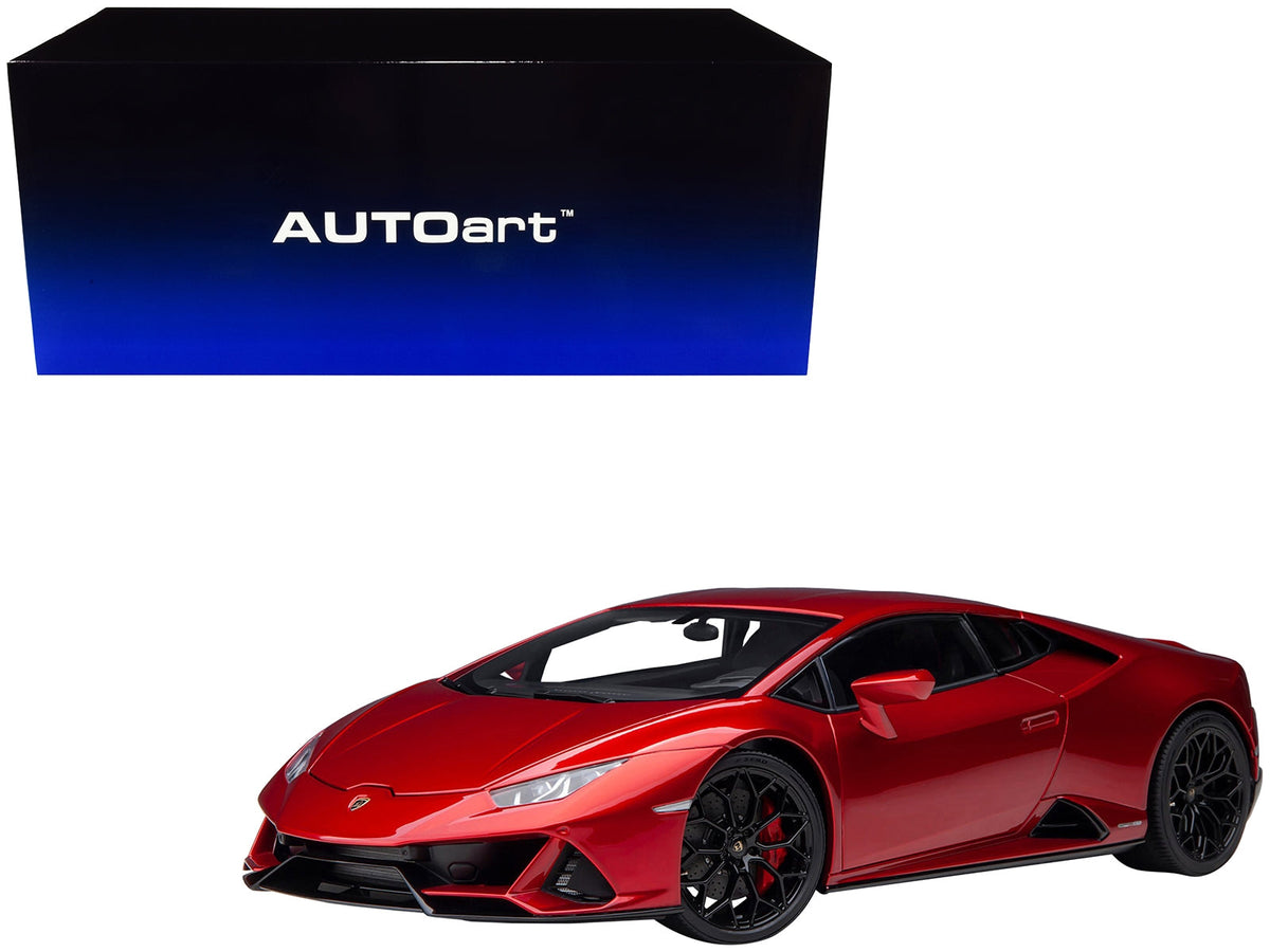 Miniature Lamborghini Huracan EVO Rosso Bia red metallic 1/18 model car by Autoart, detailed collectible Lamborghini model.