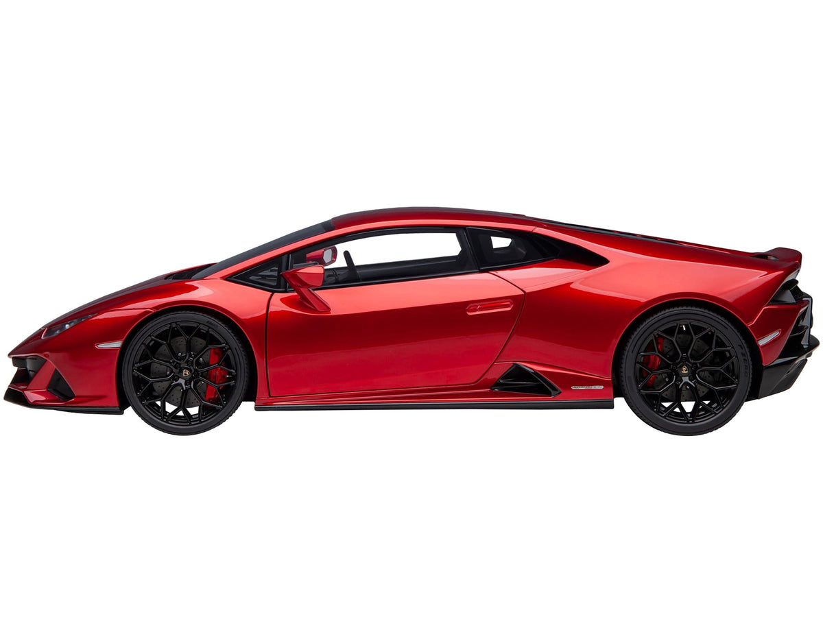 Miniature Lamborghini Huracan EVO Rosso Bia Red Metallic 1/18 scale model car by Autoart, detailed collectible vehicle.