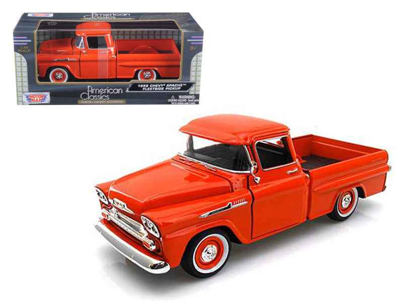 Orange 1958 Chevrolet Apache Fleetside pickup truck diecast model by Miniature Motors, detailed 1/24 scale collectible car.