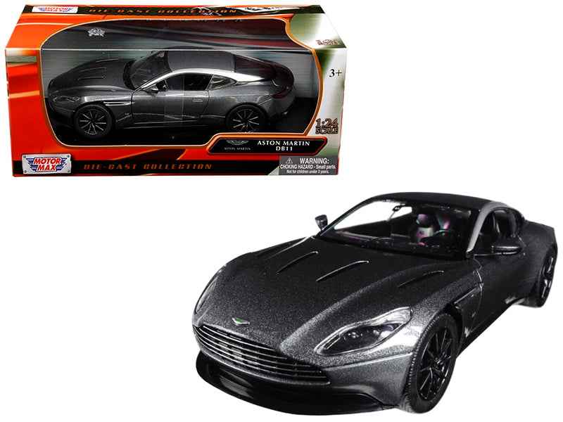 Silver Aston Martin DB11 diecast model car by Miniature Motors, 1/24 scale, detailed miniature of Aston Martin DB11.
