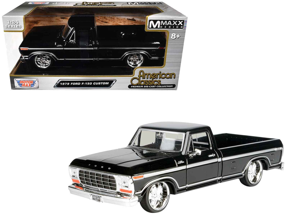 Black 1979 Ford F-150 Custom pickup truck diecast model by Miniature Motors, part of the Maxx Design Series, 1/24 scale.
