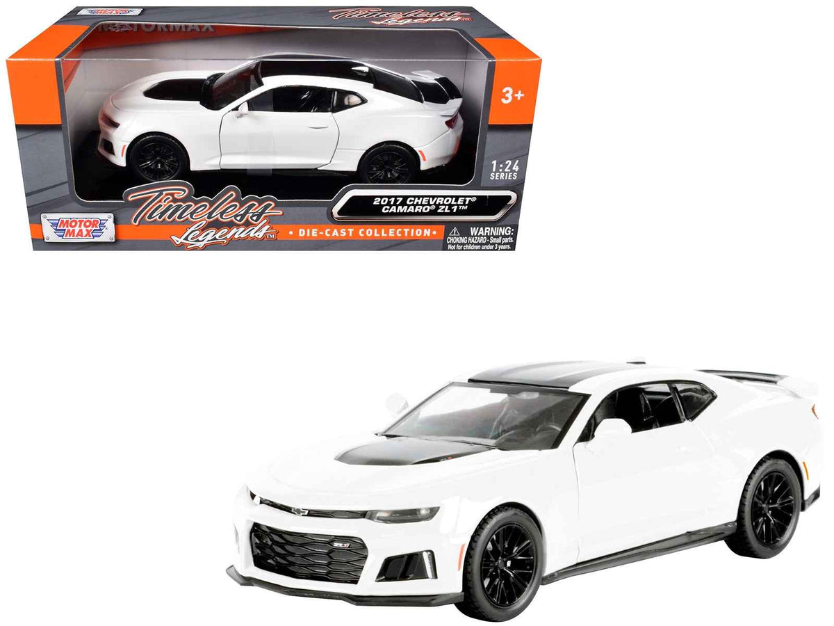 White 2017 Chevrolet Camaro ZL1 diecast model car by Miniature Motors, detailed 1/24 scale Chevrolet model from Motormax.