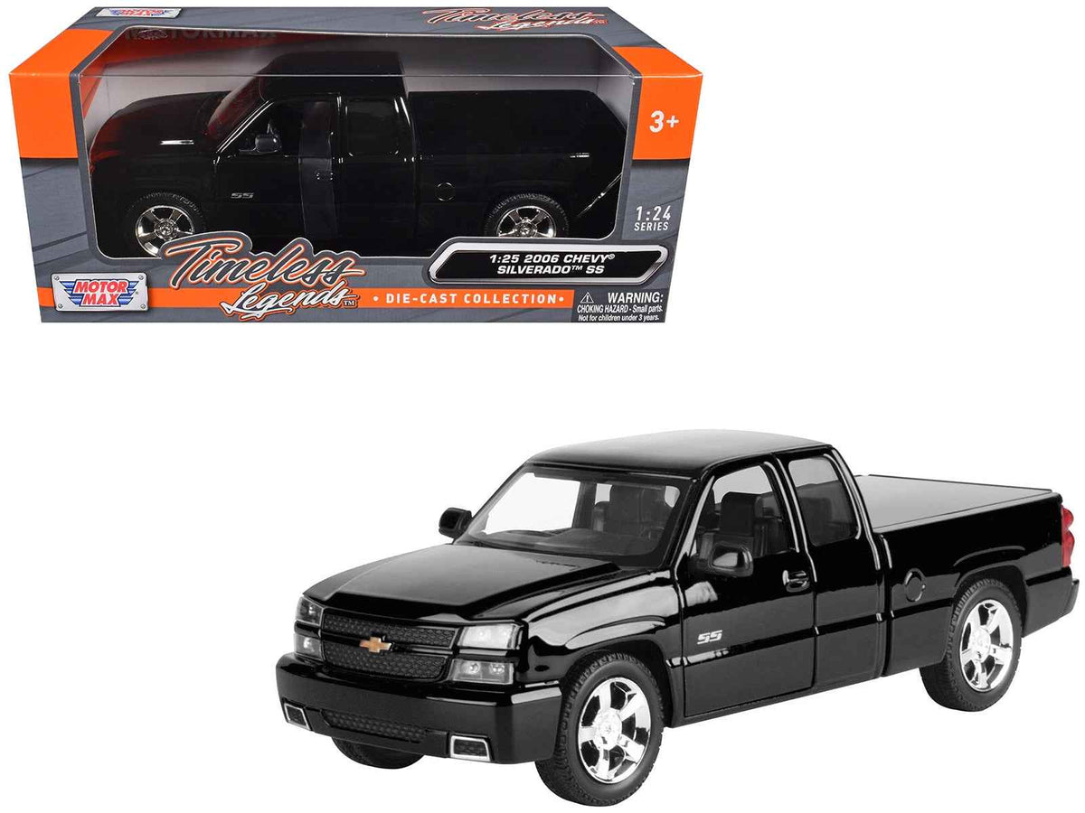Black 2006 Chevrolet Silverado SS diecast pickup truck model by Miniature Motors, part of the Timeless Legends series, 1/25 scale.
