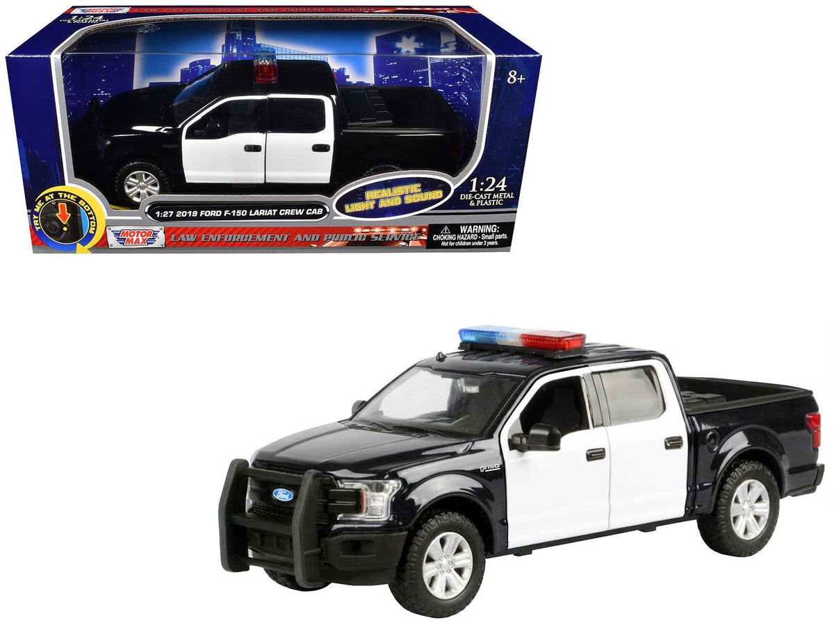 Black and white 2019 Ford F-150 Lariat crew cab diecast model truck with flashing lights, front and rear lights, and sounds by Miniature Motors