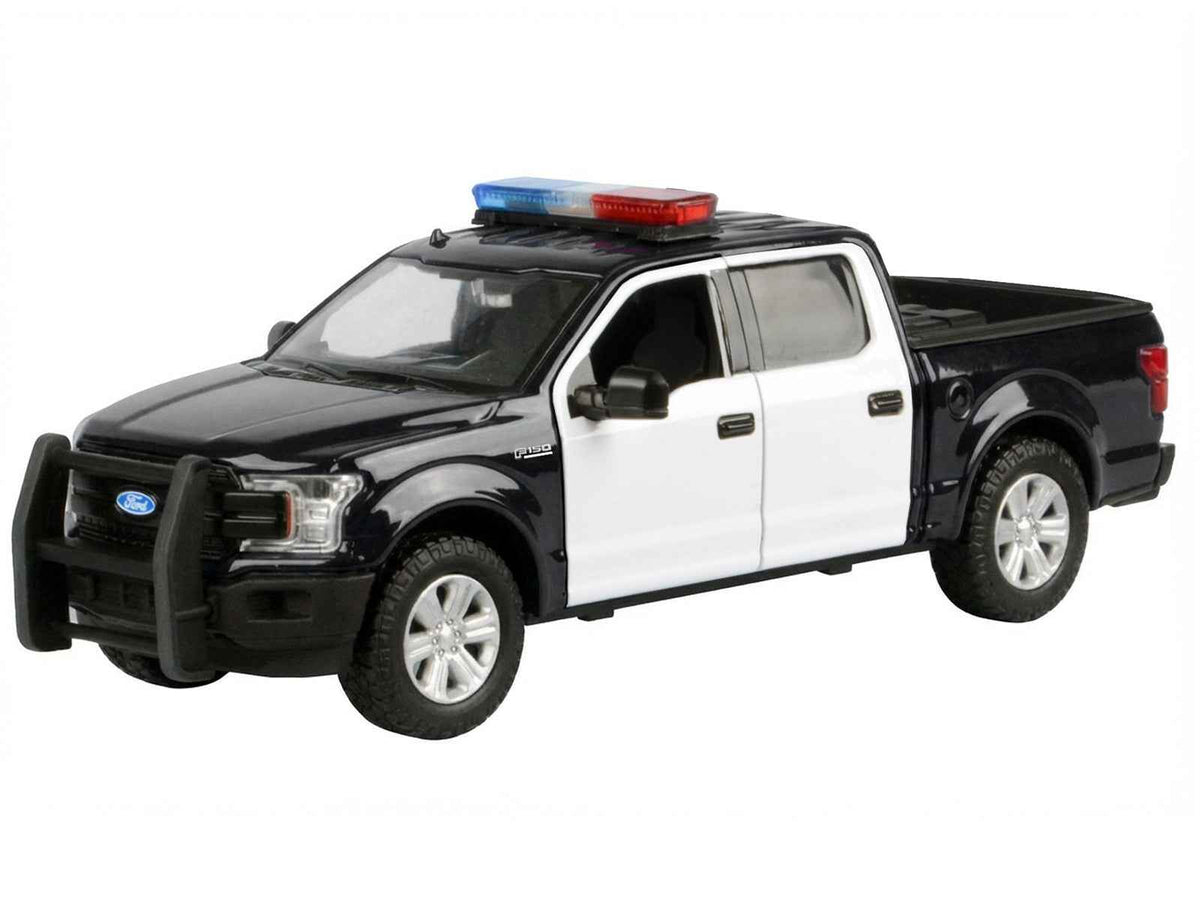 Miniature Ford F-150 Lariat crew cab diecast model truck by Miniature Motors, black and white with flashing light bar and front-rear lights