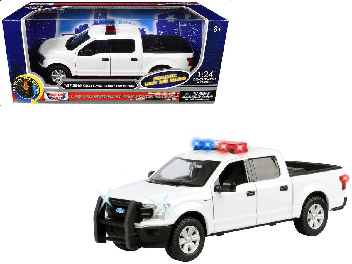 White 2019 Ford F-150 Lariat crew cab diecast model truck with flashing lights, front and rear lights, and sounds by Miniature Motors