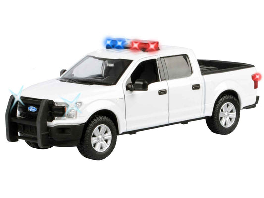 2019 Ford F-150 Lariat Crew Cab Pickup Truck White with Flashing Light Bar and Front and Rear Lights and Sounds 1/27 Diecast Model Car by Motormax
