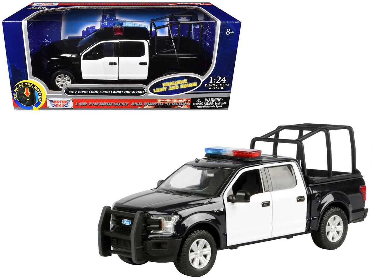 Black and white 2019 Ford F-150 Lariat crew cab diecast model truck with flashing lights, front and rear lights, and sounds by Miniature Motors