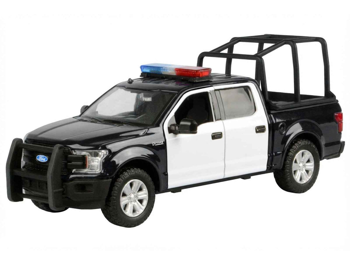 Miniature Ford F-150 Lariat Crew Cab diecast model truck by Miniature Motors with bed cage, flashing lights, and sound features.