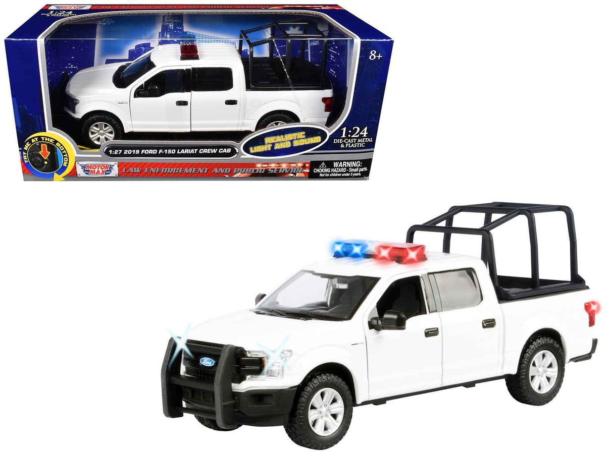 White 2019 Ford F-150 Lariat Crew Cab diecast model truck with flashing light bar, front and rear lights, and sound features.
