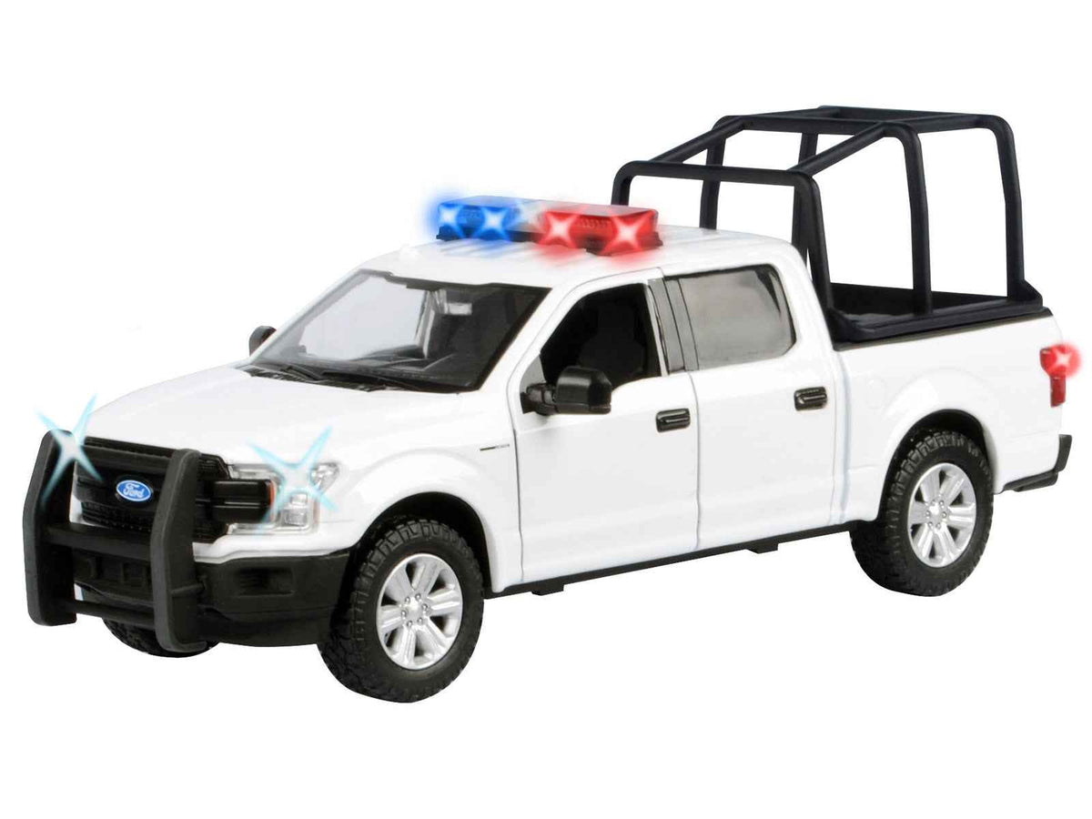 White 2019 Ford F-150 Lariat Crew Cab diecast model truck with flashing lights, bed cage, front and rear lights by Miniature Motors.