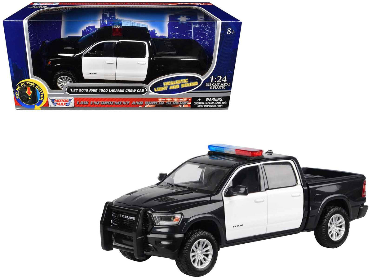 Miniature Motors 2019 RAM 1500 Laramie Crew Cab diecast model in black and white with flashing light bar and detailed lights