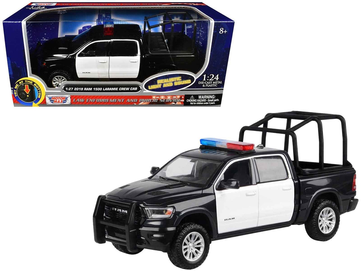 Black and white 2019 RAM 1500 Laramie Crew Cab diecast model truck with flashing light bar, front and rear lights by Miniature Motors