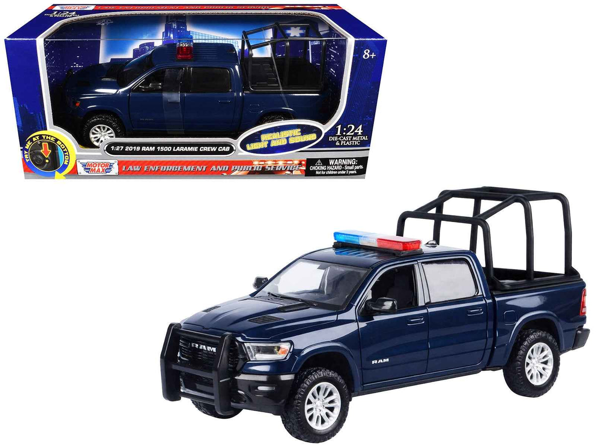 Dark blue 2019 RAM 1500 Laramie Crew Cab diecast model truck with flashing lights, bed cage, and functional front and rear lights.