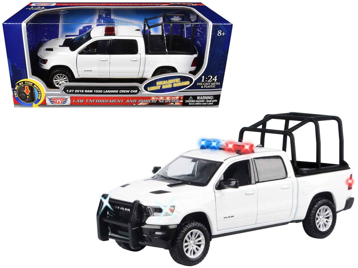 White 2019 RAM 1500 Laramie Crew Cab diecast model truck with flashing light bar, front and rear lights, and sounds by Miniature Motors