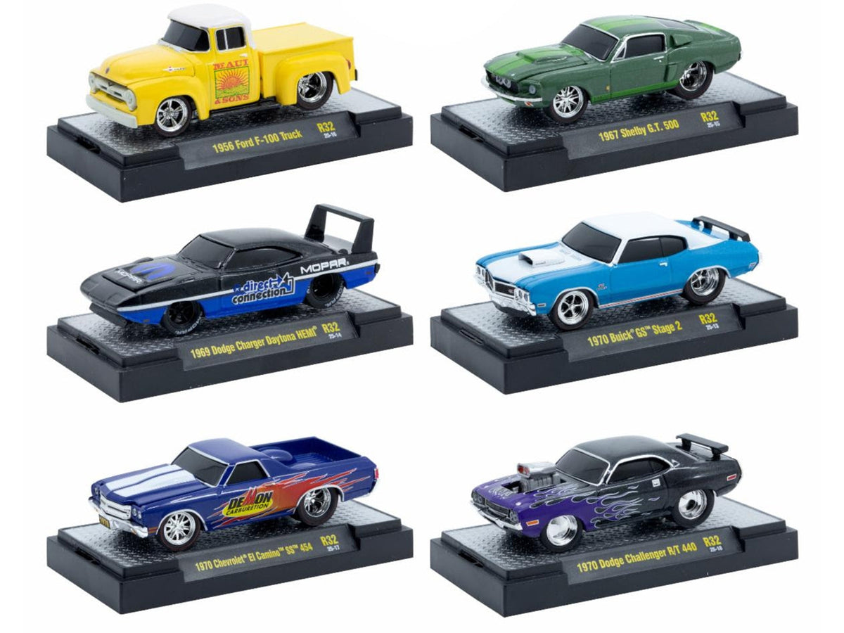 Set of 6 Miniature Motors Ground Pounders 1/64 scale diecast model cars in a display case by M2 Machines.