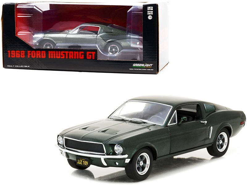 Miniature Motors 1968 Ford Mustang GT Fastback diecast model car in Highland Green Metallic, detailed 1/24 scale by Greenlight.