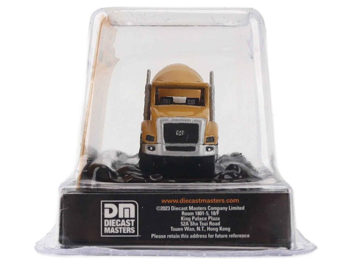 Yellow CAT Caterpillar CT660 concrete mixer diecast model from Miniature Motors' Micro-Constructor series, detailed construction vehicle replica.