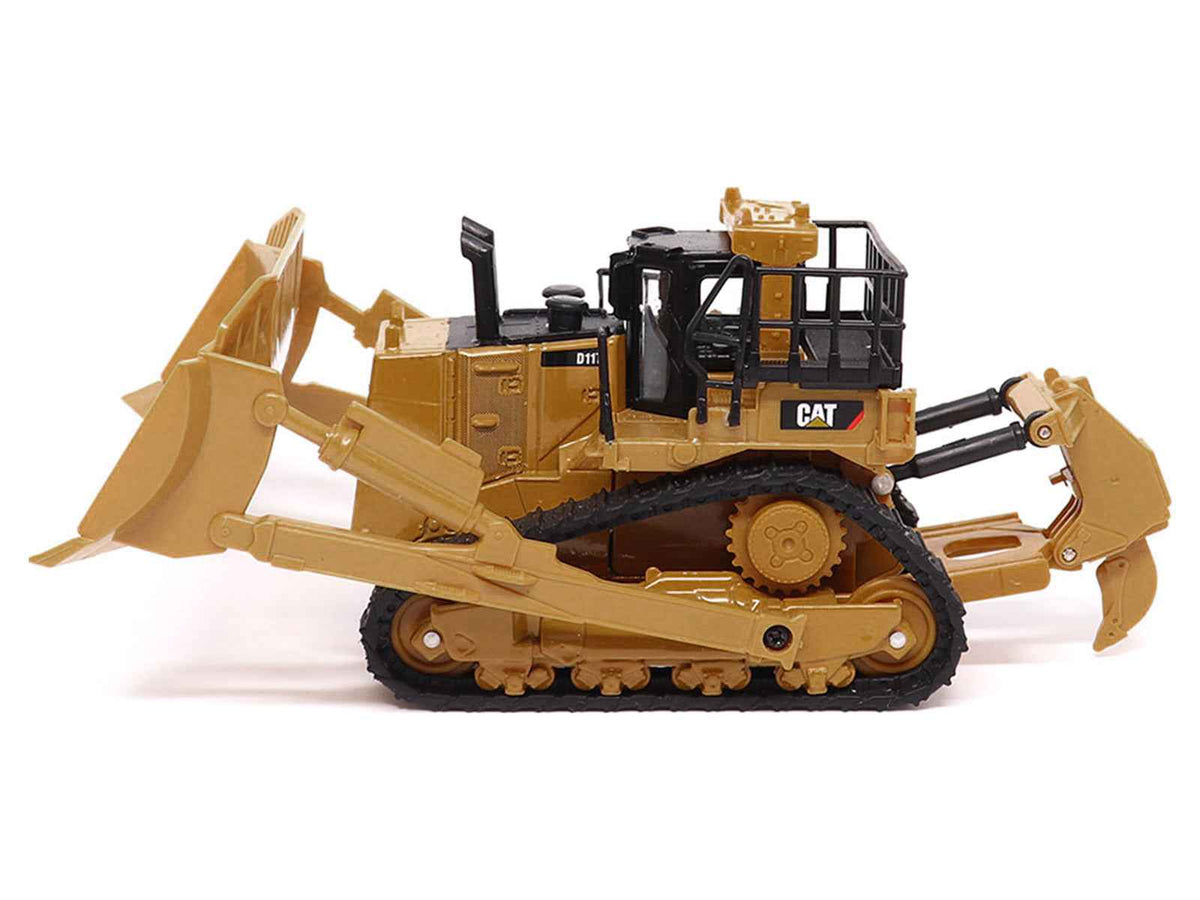 Yellow CAT Caterpillar D11T dozer diecast model by Diecast Masters, detailed miniature construction vehicle on display.