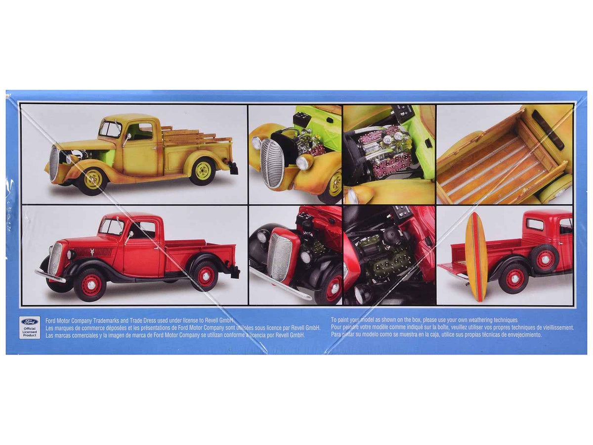 Miniature Motors Level 5 1937 Ford Pickup Truck model kit with surfboard, 1/25 scale, detailed to build and display.