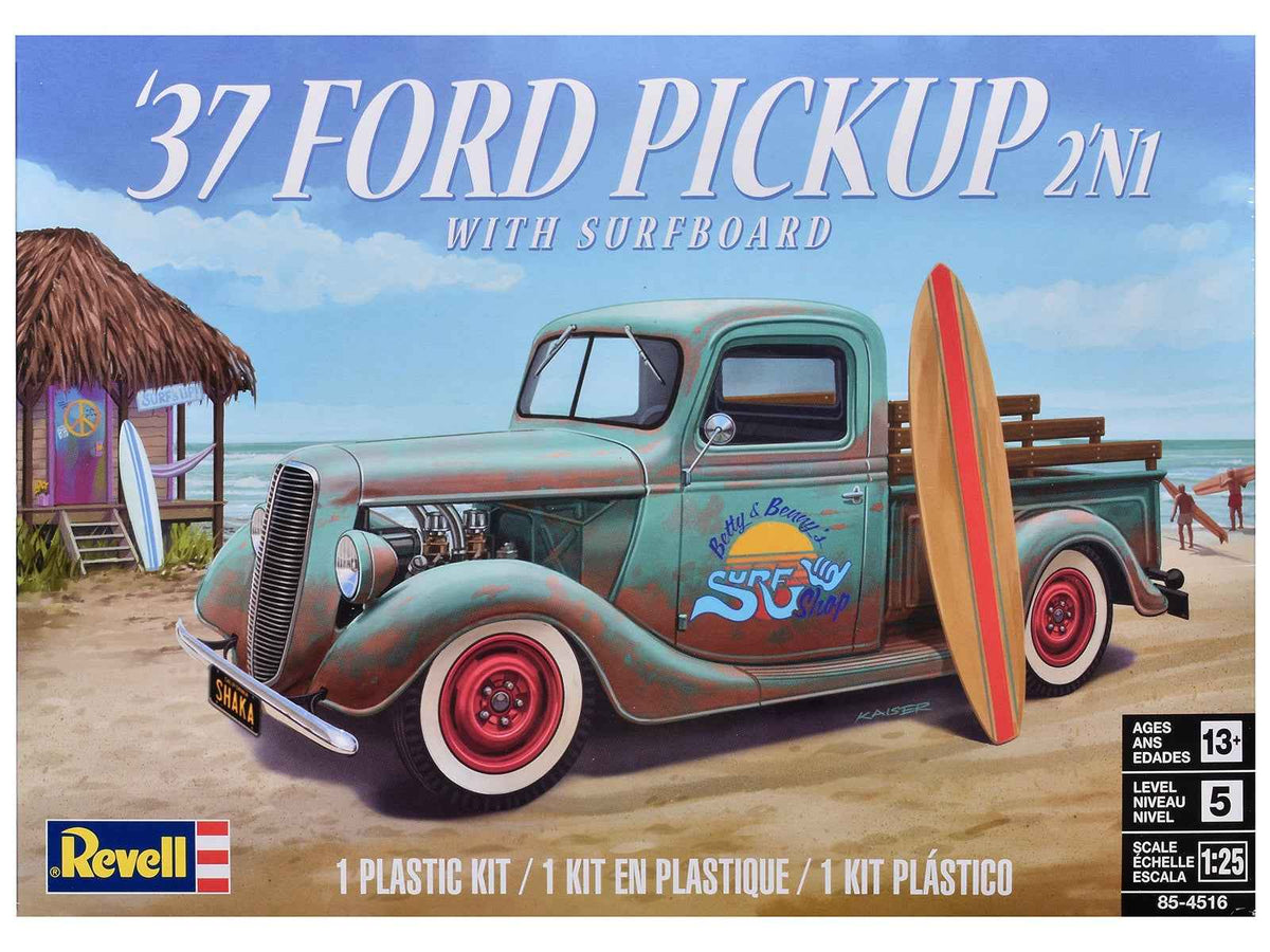 Miniature Motors 1/25 scale Level 5 1937 Ford Pickup Truck with surfboard model kit, detailed plastic assembly for enthusiasts