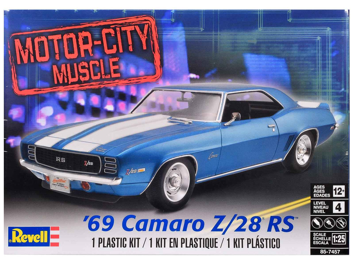 Detailed image of Minature Motors Level 4 Model Kit of 1969 Chevrolet Camaro Z/28 RS in 1/25 scale by Revell showing car details