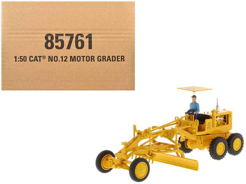 Vintage yellow CAT Caterpillar No.12 Motor Grader diecast model by Diecast Masters, with operator figure, in 1/50 scale.