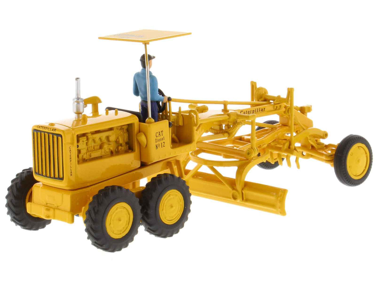 Yellow Cat Caterpillar No.12 Motor Grader diecast model by Miniature Motors, detailed vintage construction vehicle with operator.