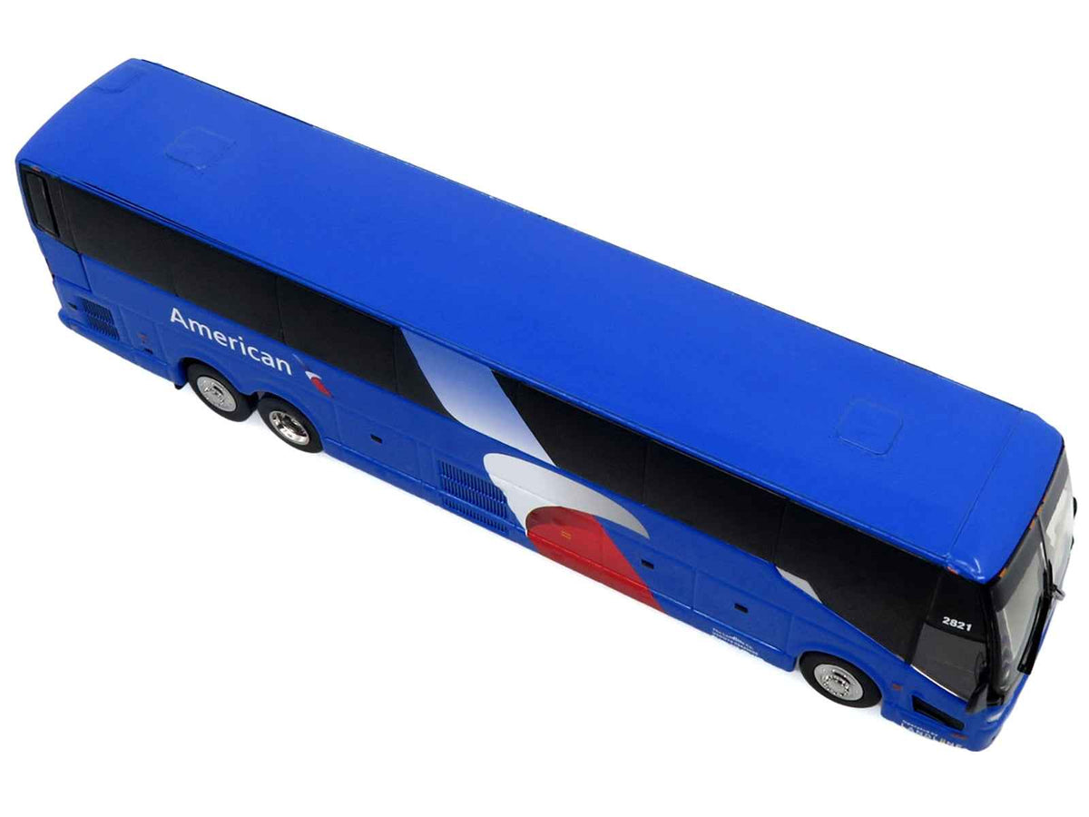Blue Prevost H3-45 Coach Bus diecast model by Miniature Motors with American Airlines graphics, limited edition 1/87 scale.