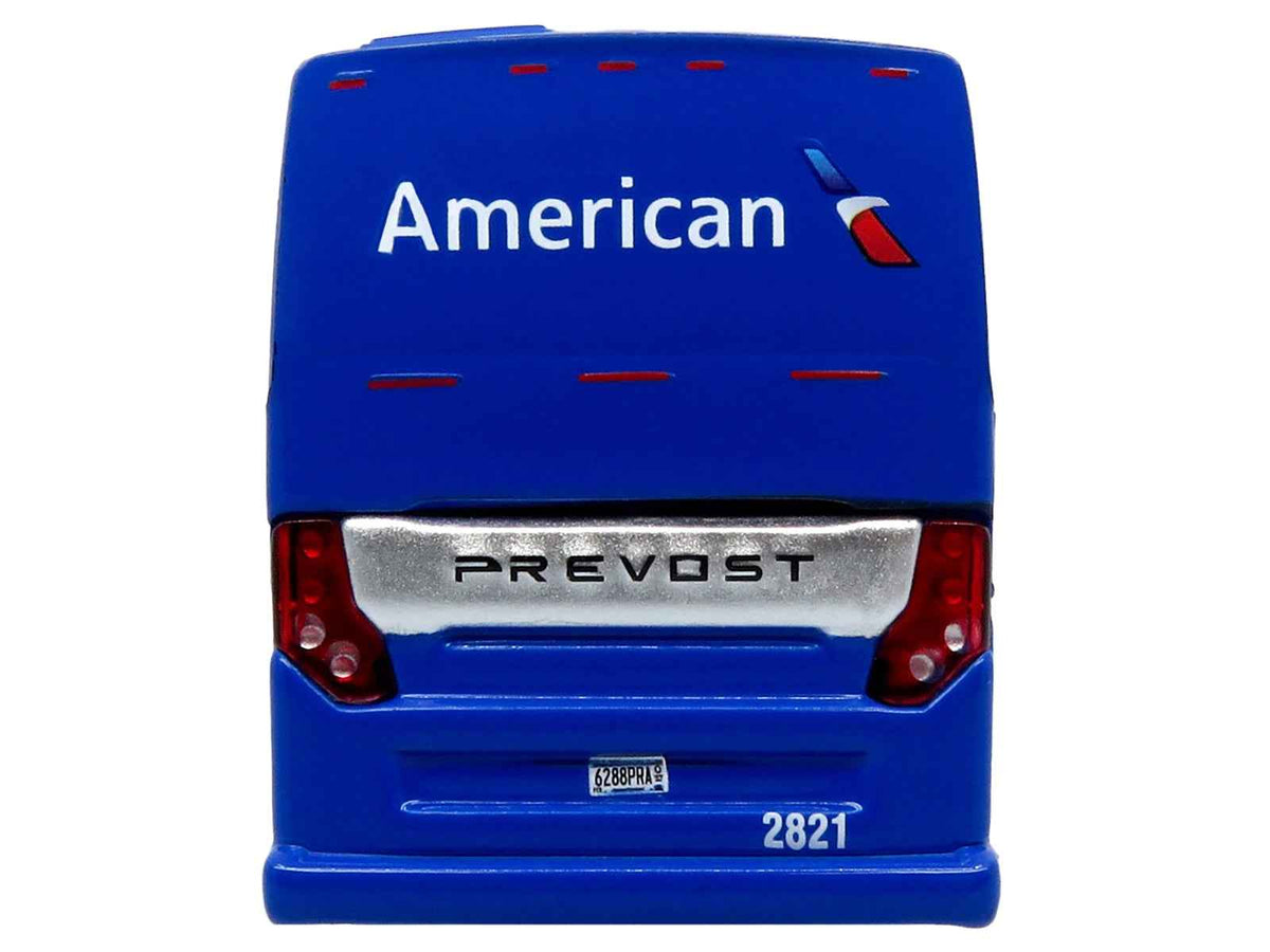 Miniature Motors 1/87 diecast Prevost H3-45 Coach Bus model in blue with American Airlines graphics, limited edition HO scale display piece.