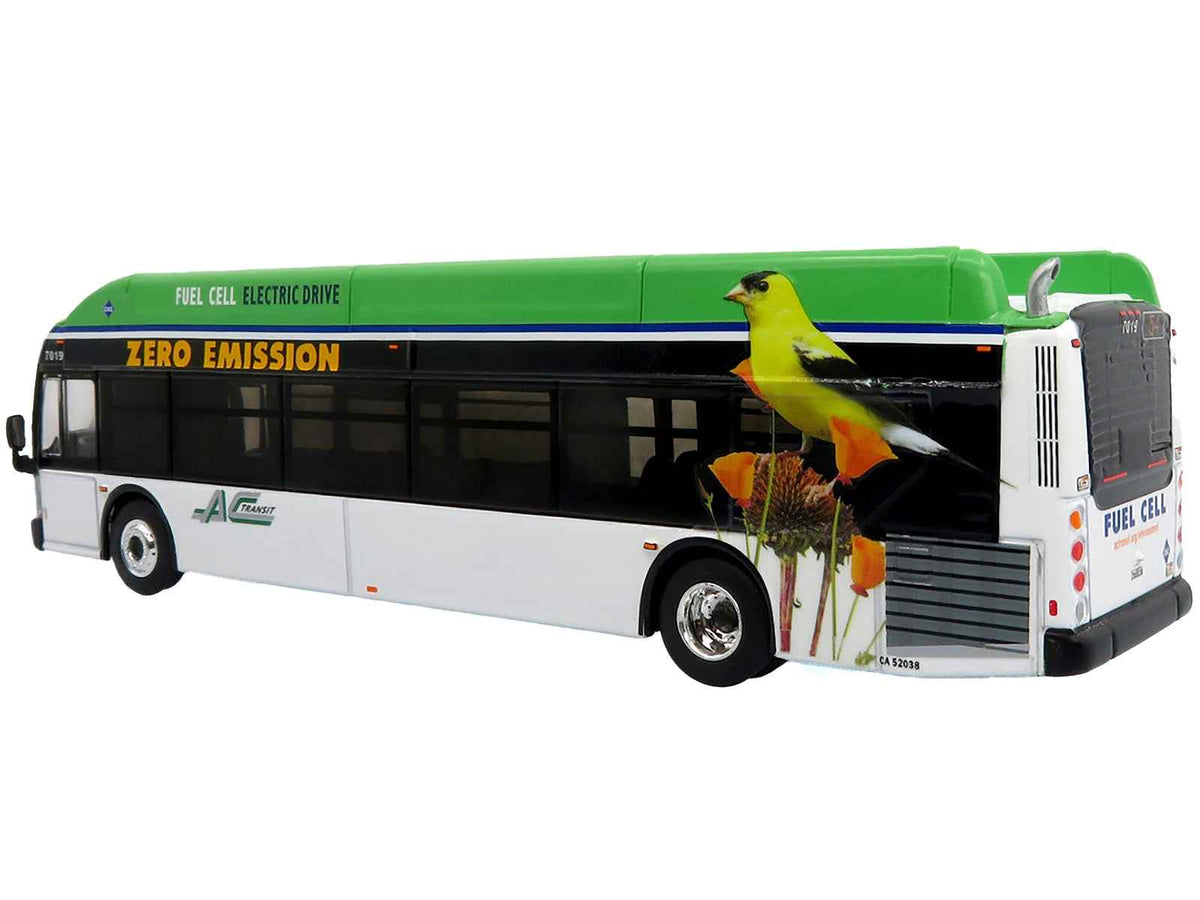Miniature Motors 1/87 diecast model of New Flyer Xcelsior XHE40 transit bus in white and green, featuring "AC Transit" graphics.