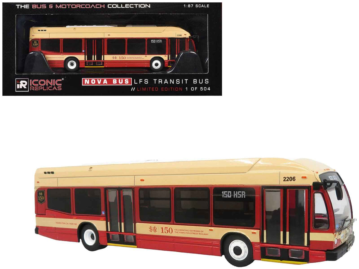 Miniature Motors Nova Bus LFS HEV transit bus diecast model in cream and red for Hamilton Street Railway, limited edition 1/87 scale.