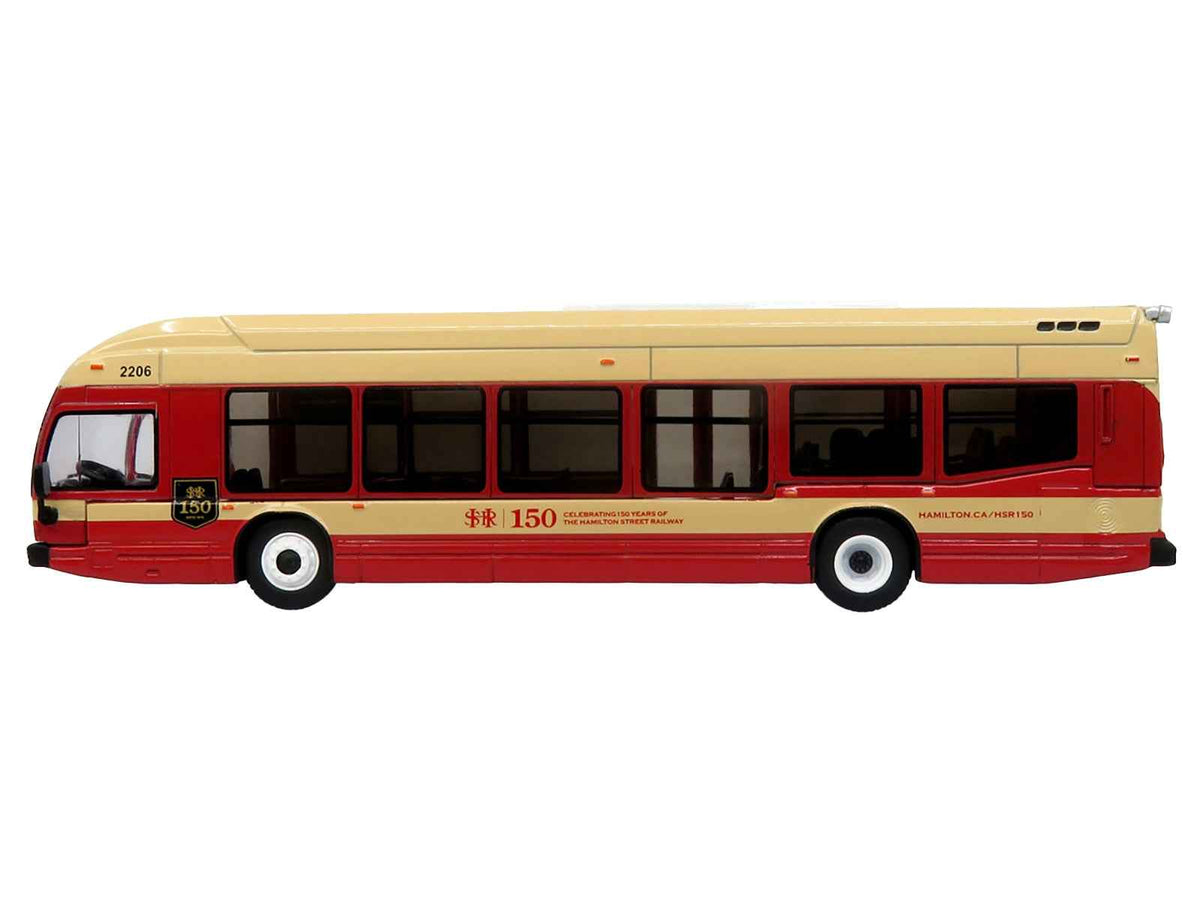 Miniature Motors Nova Bus LFS HEV transit bus diecast model in cream and red celebrating Hamilton Street Railway's 150th anniversary, 1/87 scale