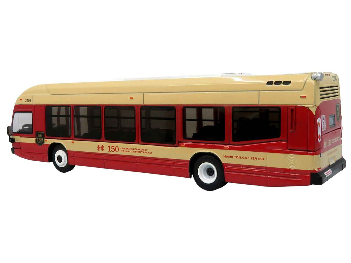 Miniature Motors Nova Bus LFS HEV transit bus diecast model in cream and red celebrating Hamilton Street Railway's 150th anniversary, 1/87 scale.