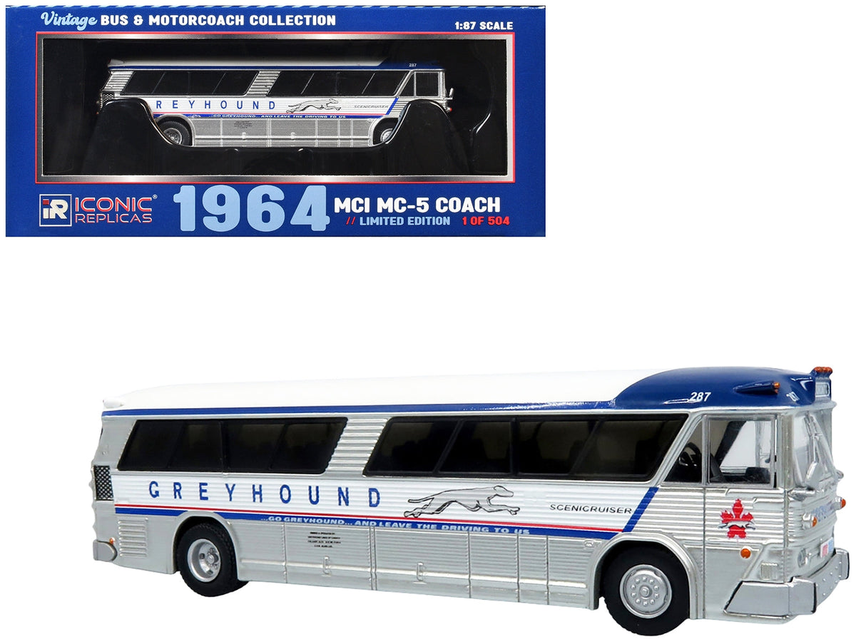 Miniature Motors 1964 MCI MC-5A Greyhound Canada vintage diecast bus model in white with blue stripes, 1/87 scale, limited edition.