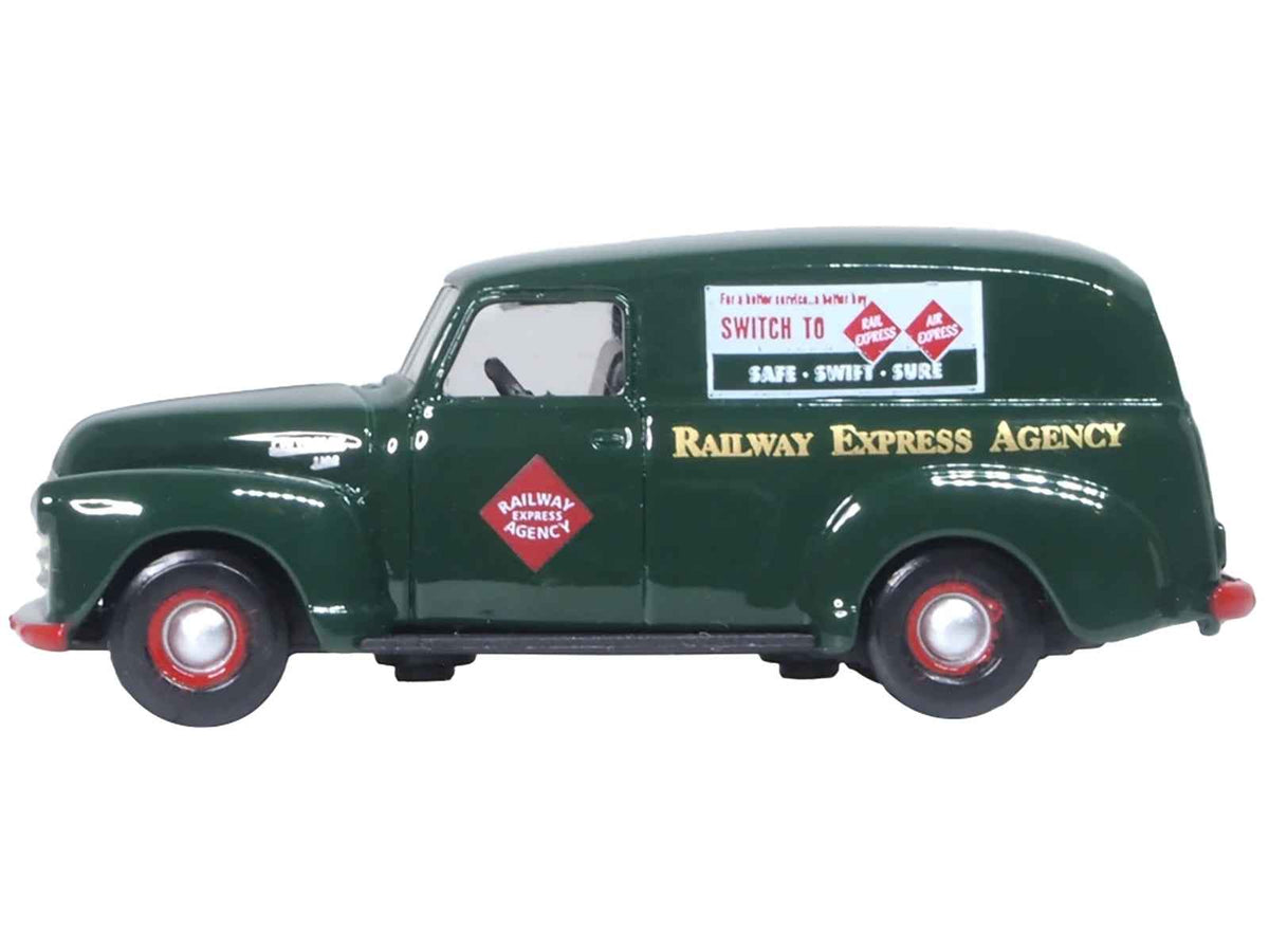 Dark green 1950 Chevrolet Panel Van diecast model by Oxford Diecast, scale 1/87, featuring Railway Express Agency branding.