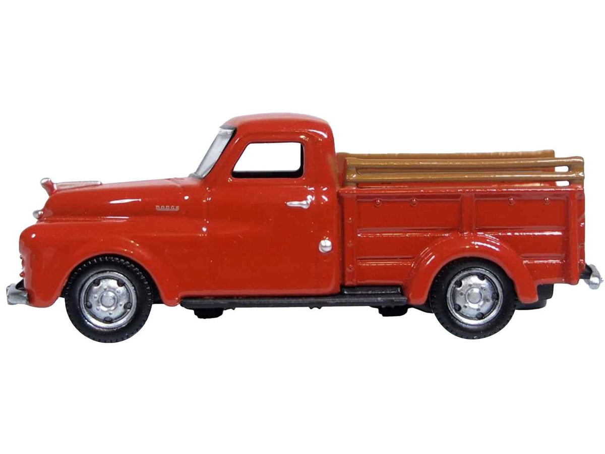 Red 1948 Dodge B-1B Pickup Truck diecast model by Oxford Diecast, 1/87 scale, detailed miniature truck for collectors.