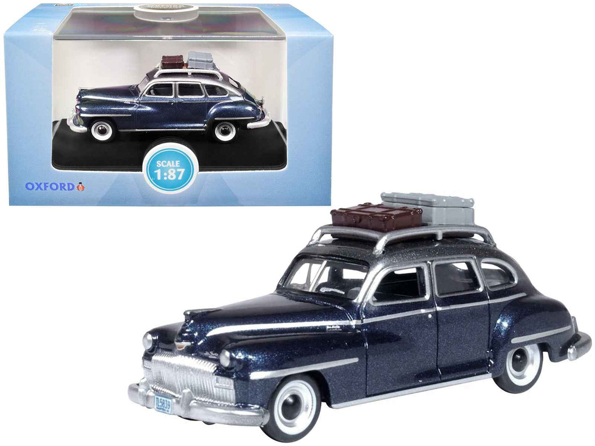 Miniature Motors 1/87 scale diecast DeSoto Suburban model car with roof rack and luggage in butterfly blue metallic and crystal gray top.