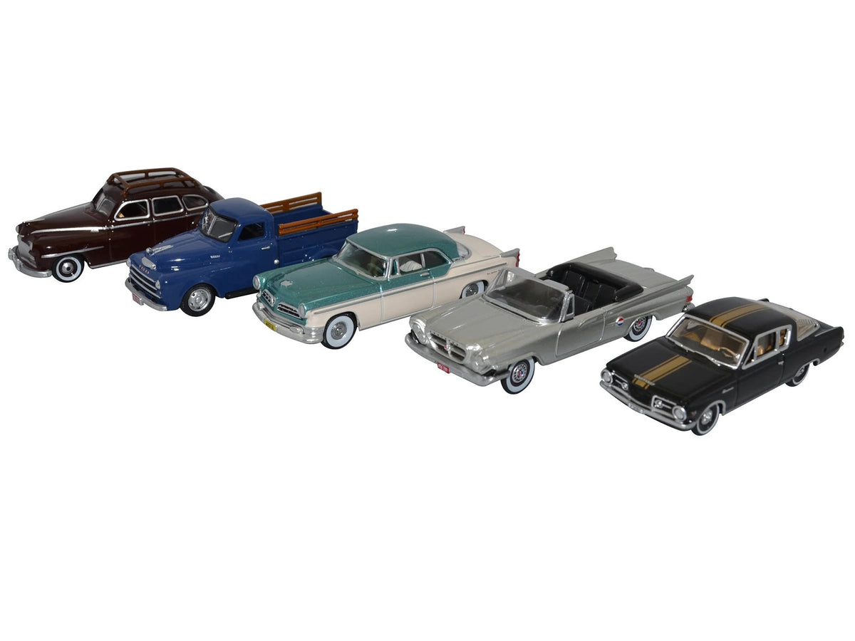 Collection of five Chrysler Centenary 1/87 scale diecast model cars by Oxford Diecast, detailed miniature vehicles for collectors.
