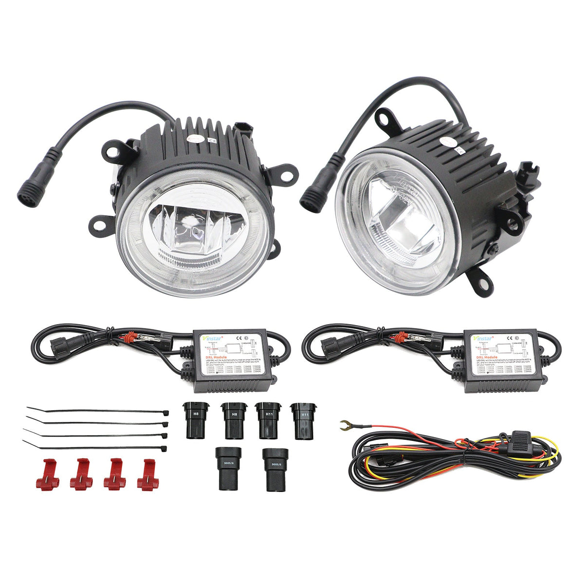 JDMuscle LED and halo DRL fog light housings for Subaru WRX, STI, BRZ, FT86, and Forester models, shown with clear lens and mounting brackets.