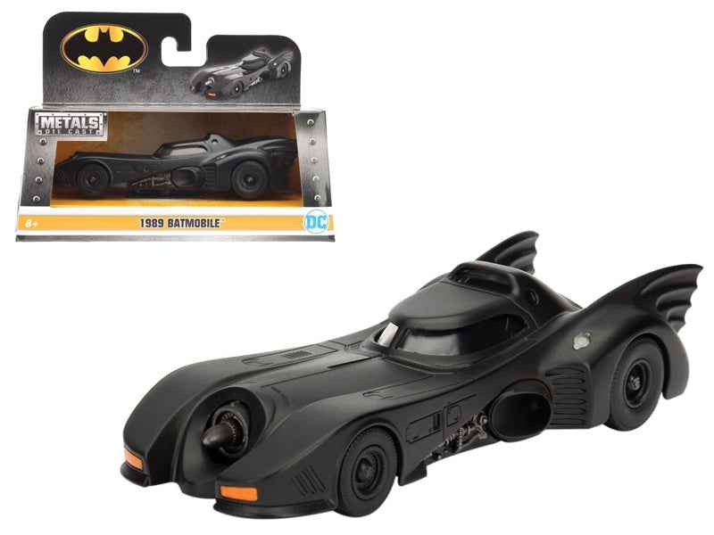 1989 Batman Batmobile 1/32 diecast model car by Jada, detailed replica from the movie series, featuring sleek black design.