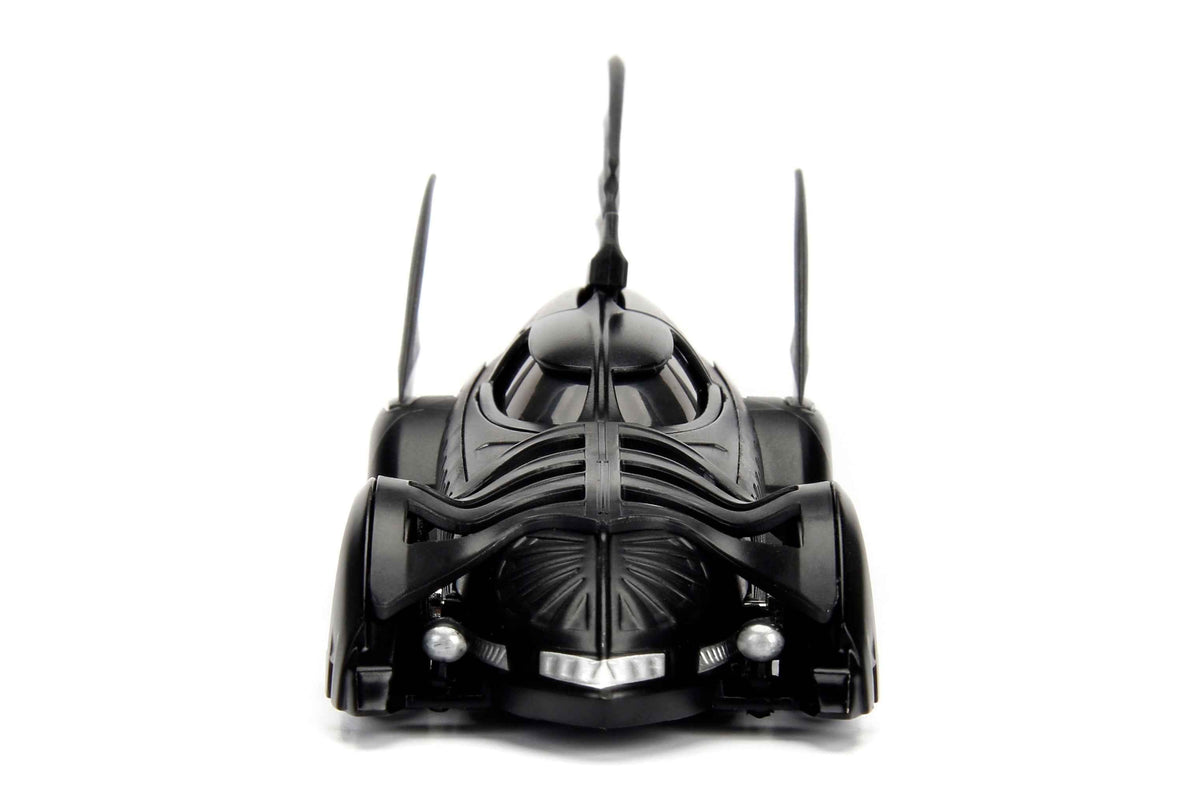Diecast model of the Batmobile Black from Batman Forever, part of Hollywood Rides series by Jada, displayed on a clean background.
