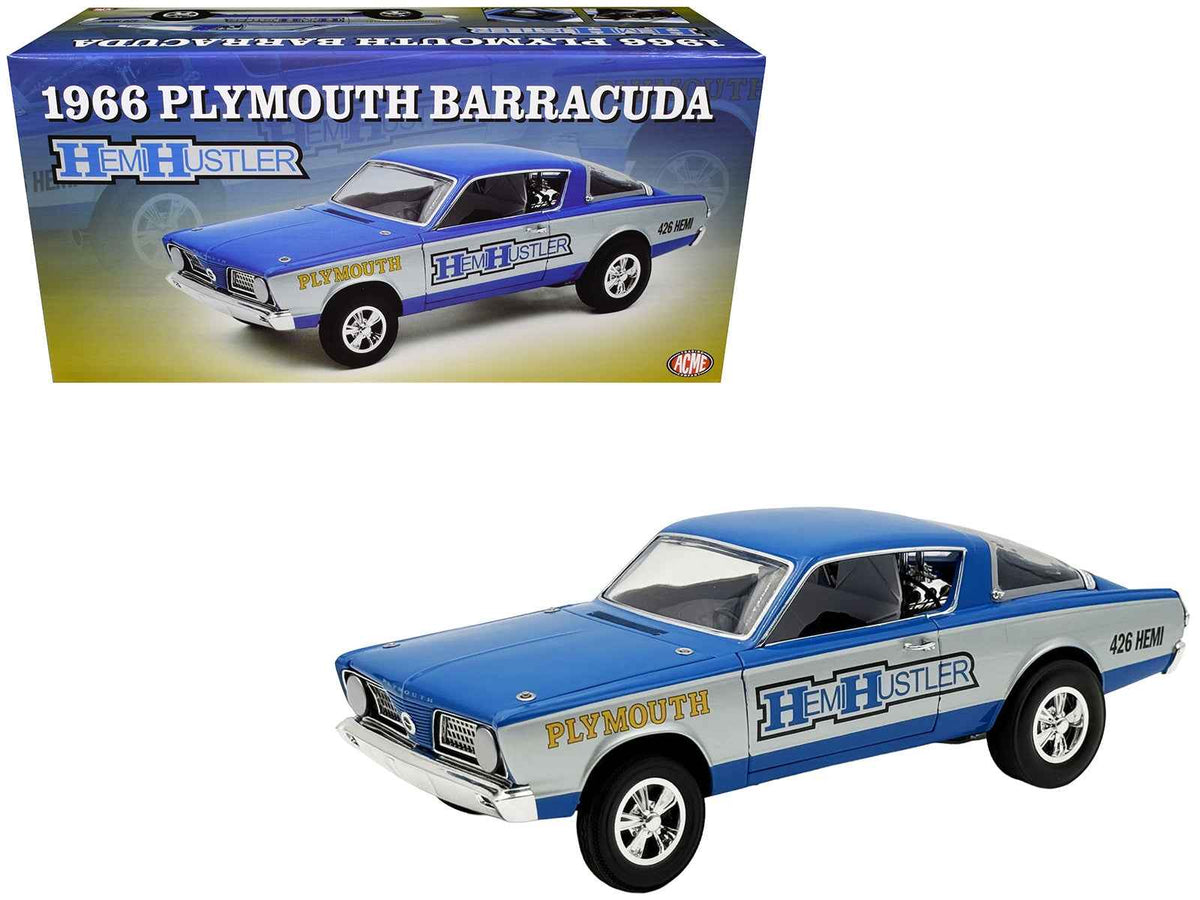 Blue 1966 Plymouth Barracuda "Hemi Hustler" diecast model car by Miniature Motors, limited edition 1/18 scale with white stripes.
