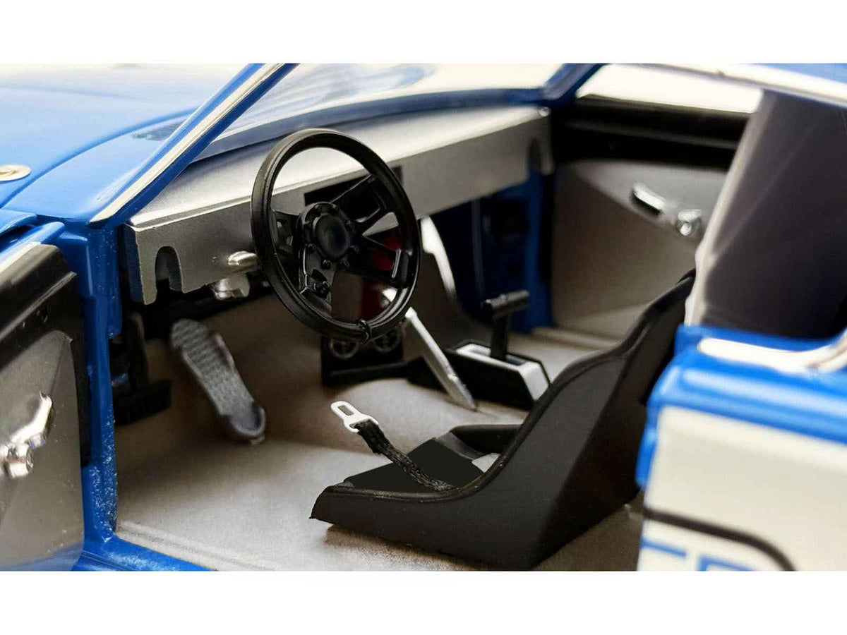 Blue 1966 Plymouth Barracuda "Hemi Hustler" 1/18 diecast model car by Miniature Motors, limited edition with white stripe details